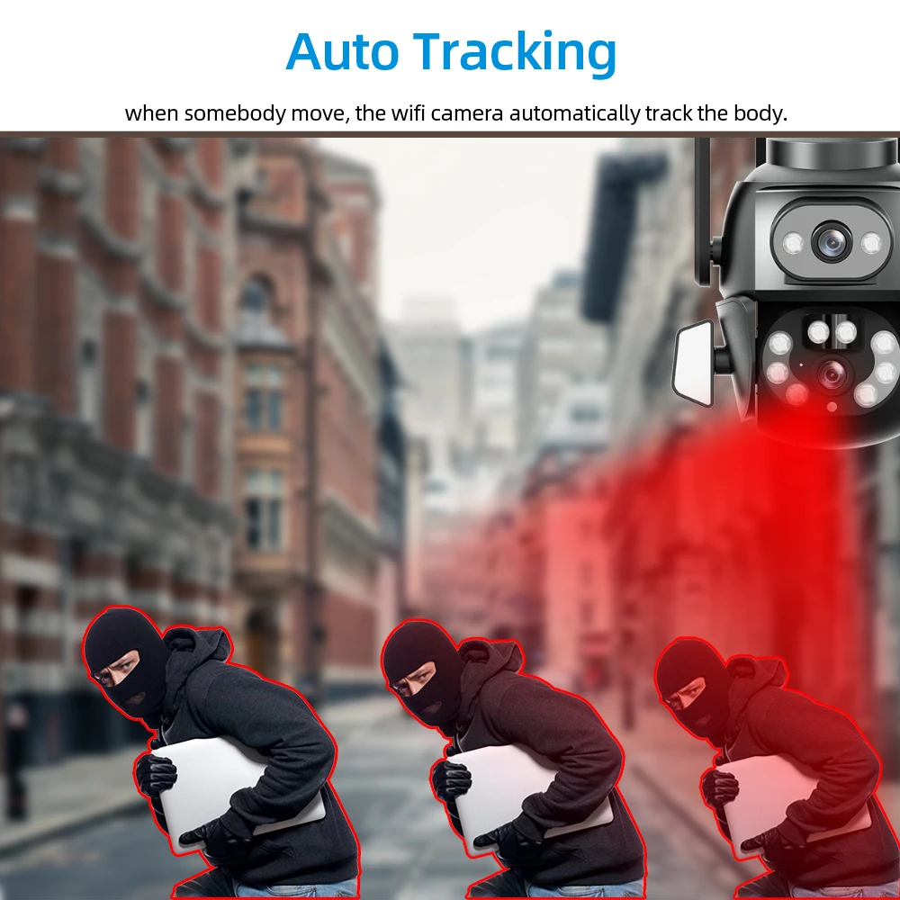 4K HD Outdoor Wifi IP Security Camera Dual Lens Auto Tracking PTZ Wireless CCTV Surveillance Camera Color Night Vision IP Cam