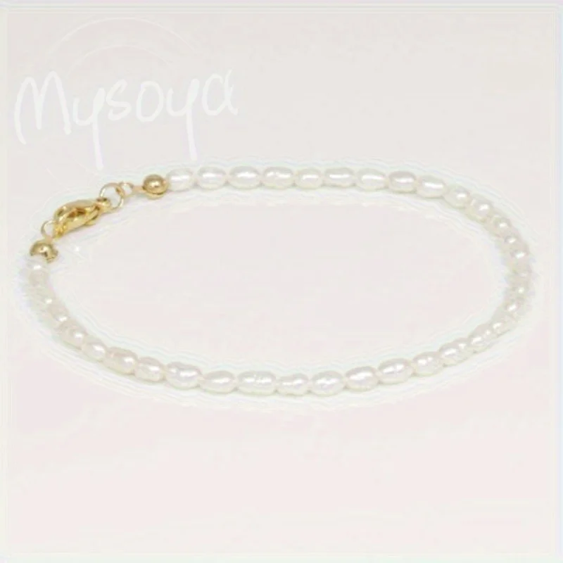 

MYSOYA 3-4mm White Baroque Rice Shape Freshwater Pearl Bracelet For Women And Men With Gift Box Wedding Birthday Christmas Gift