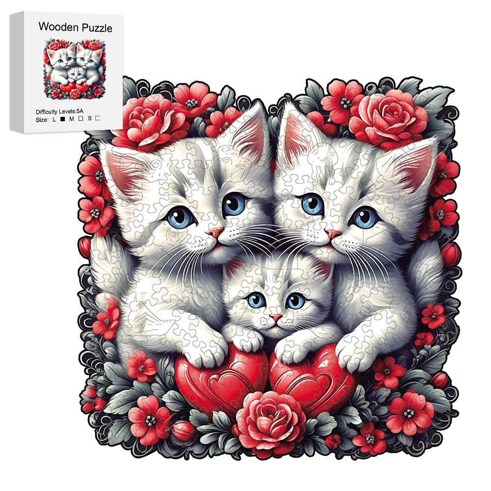 Happy Cat Family Wooden Jigsaw Puzzles Art Unique Animal Shaped Pieces Stress Relieve Toys, DIY Leisure Game for Family, Home Decor