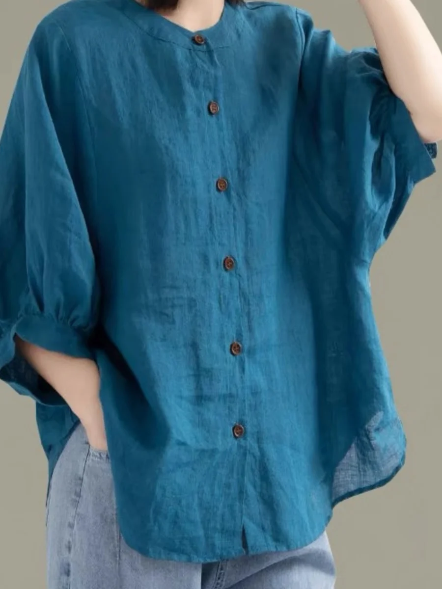 

Casual Cotton Linen Women's irt f Sve Button up Loose Fit round Ne ort Sve Top Vintage Sle Chinese Sle
