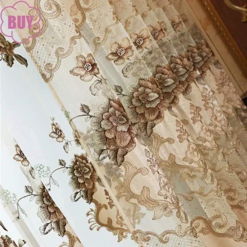 1PC European Style Curtains For Living Dining Room Bedroom Luxury Embroidered Beige Chenille Curtain Valance French Window Tulle