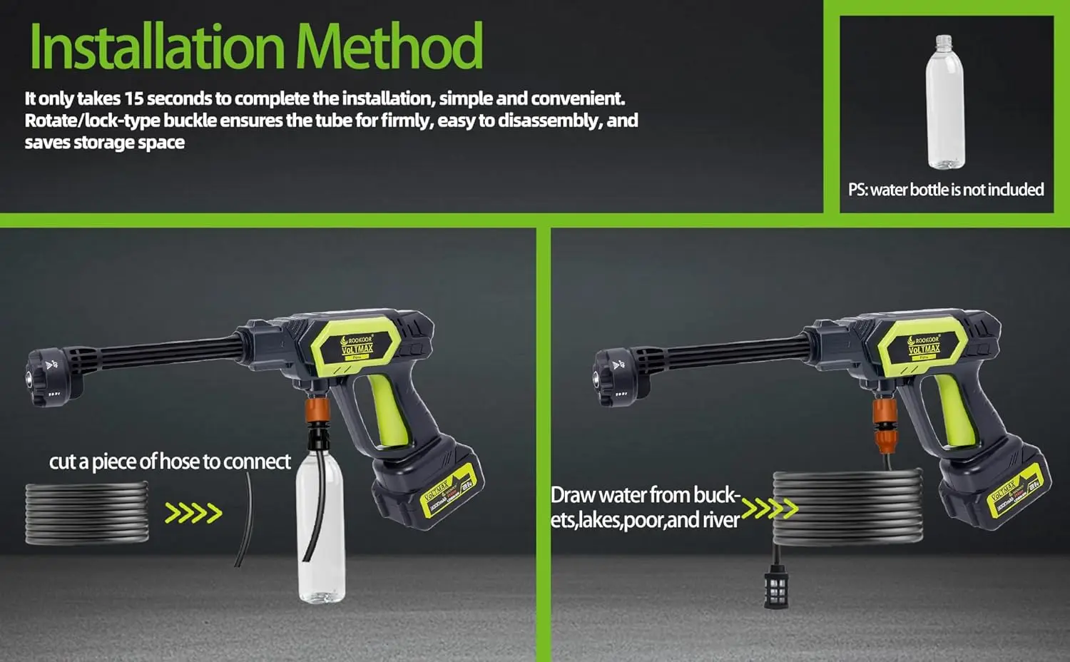 غسالة الضغط اللاسلكية Rookoor Prime، بخاخ محمول يعمل بالبطارية مع فوهة 6 في 1، مصدر مياه مزدوج، خرطوم 16 قدم #3