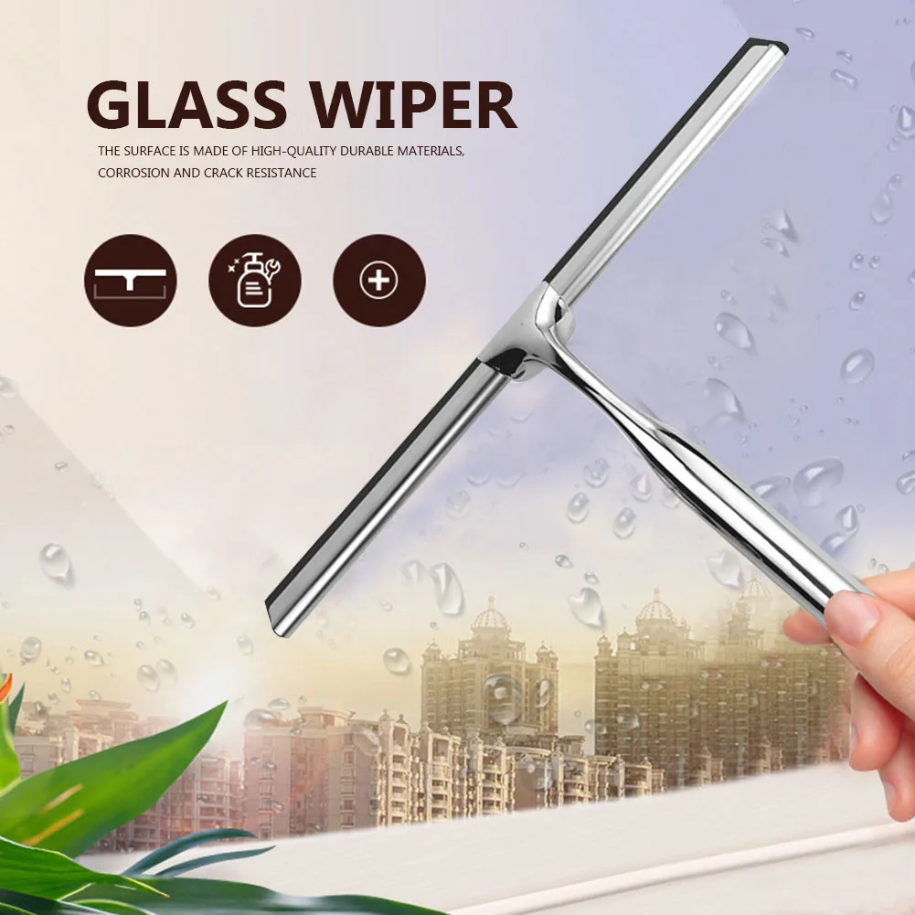 Stainless Steel Shower Squeegee Glass Wiper Scraper Cleaner Brush Multifunctional Bathroom Mirror Wiper Scraper Glass Cleaning