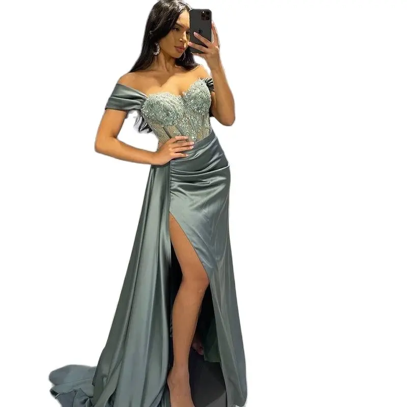 

Sexy Prom Evening Dresses Long Off the Shoulder Party Dress 2023 Appliques High Split Cocktail Gown Saudi Arabia Dubai