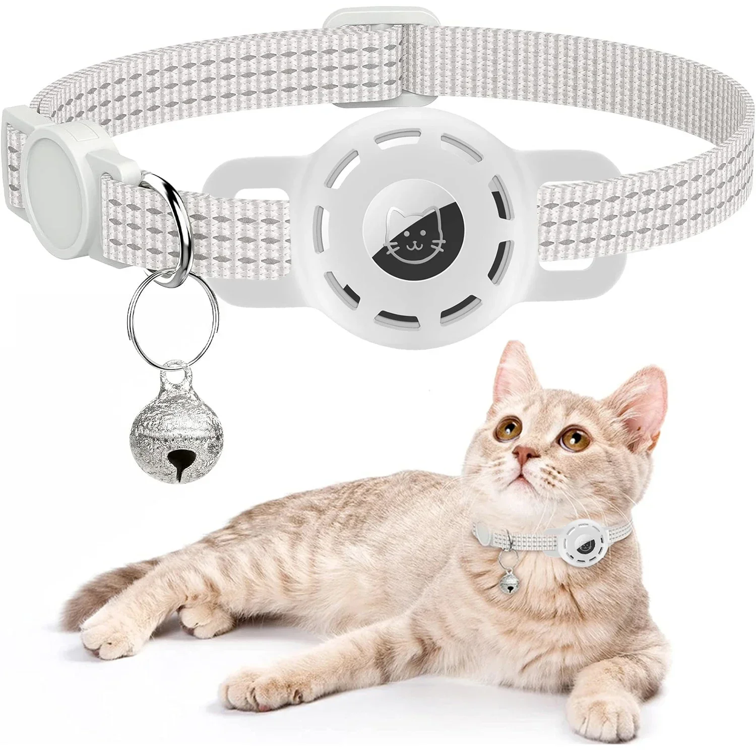 For Apple Tag Pet Collar for cats dogs, Reflective Kitten Collar with Airtag Holder and Bell for Girl Boy Cat, Safe Breakaway