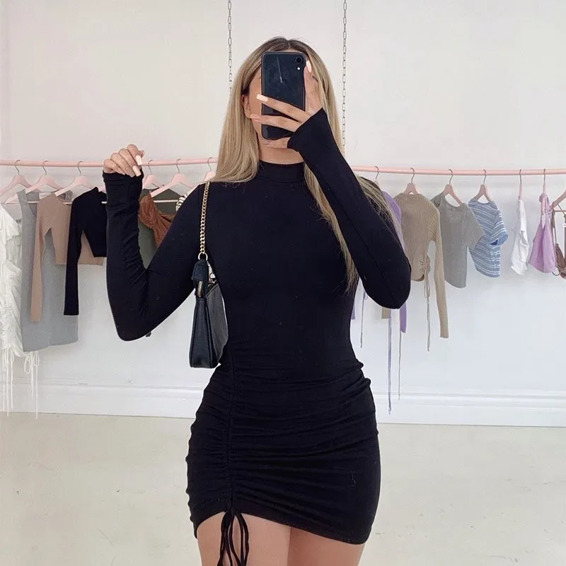 Elegant Lace Up Dress Solid Pleated Slim Fit Party Bodycon Female Sexy Mini Dresses Purple Black