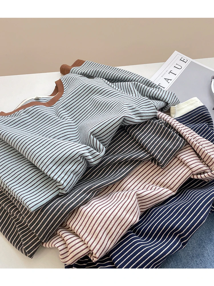 اللون Blo مخطط فضفاض صالح قاعدة irt ملابس داخلية المرأة Faion الفرنسية Sle تخفيف عادية القطن طويل Sve تي شيرت