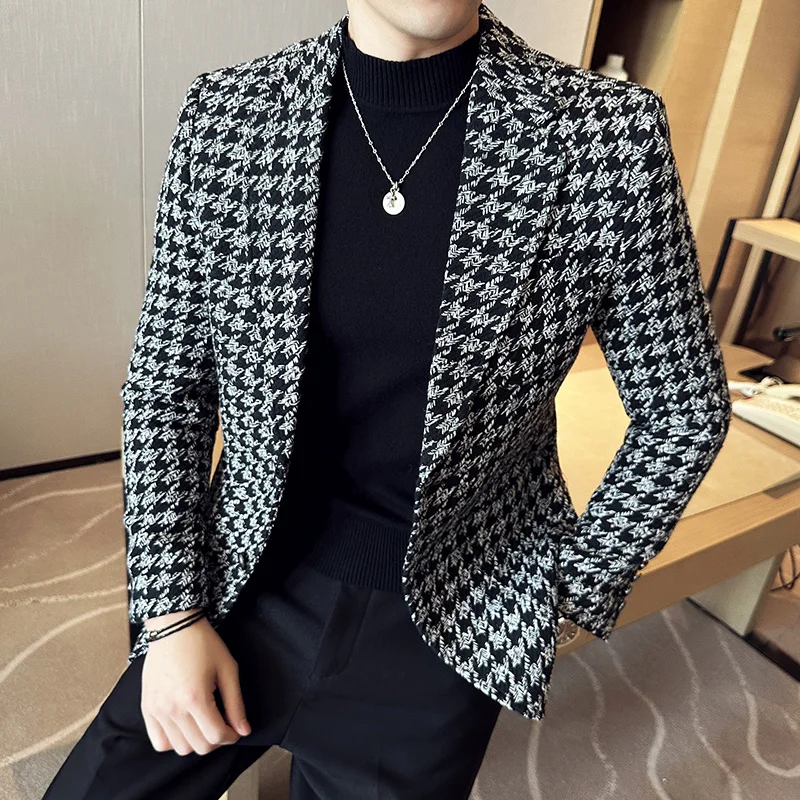 Men Blazer 2023 Autumn Winter Thick Plaid Suit Jackets/Slim Fit High Quality Tuxedo/Man Business Fashion Banquet Men Clothing