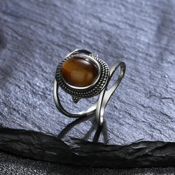 Luxury Natural 8*10MM Tiger's Eye Stone Rhodochrosite Rings Gemstone Jewelry Gift S925 Silver Ring for Men Women