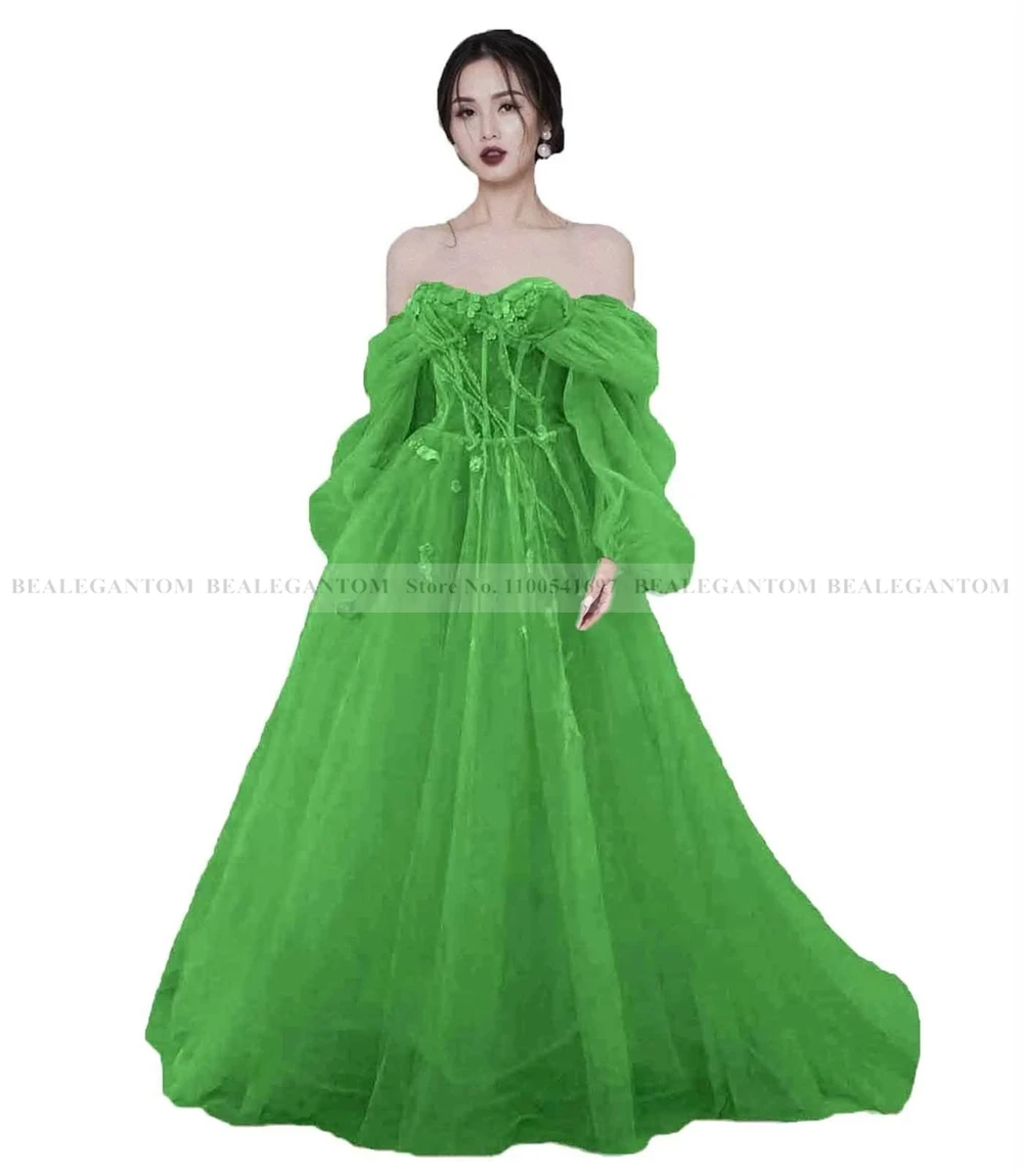 Bealegantom Sexy Bohemia Off Shoulder Prom Dresses Tulle Long Sleeves Formal Occasion Evening Party Gown Robes De Soiree QA205