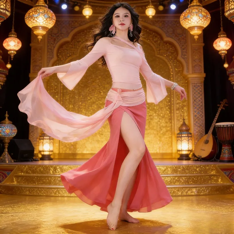 

Костюм для восточных танцев в богемном стиле: прозрачный сетчатый укороченный топ и длинная юбка для выступлений (2 предмета)