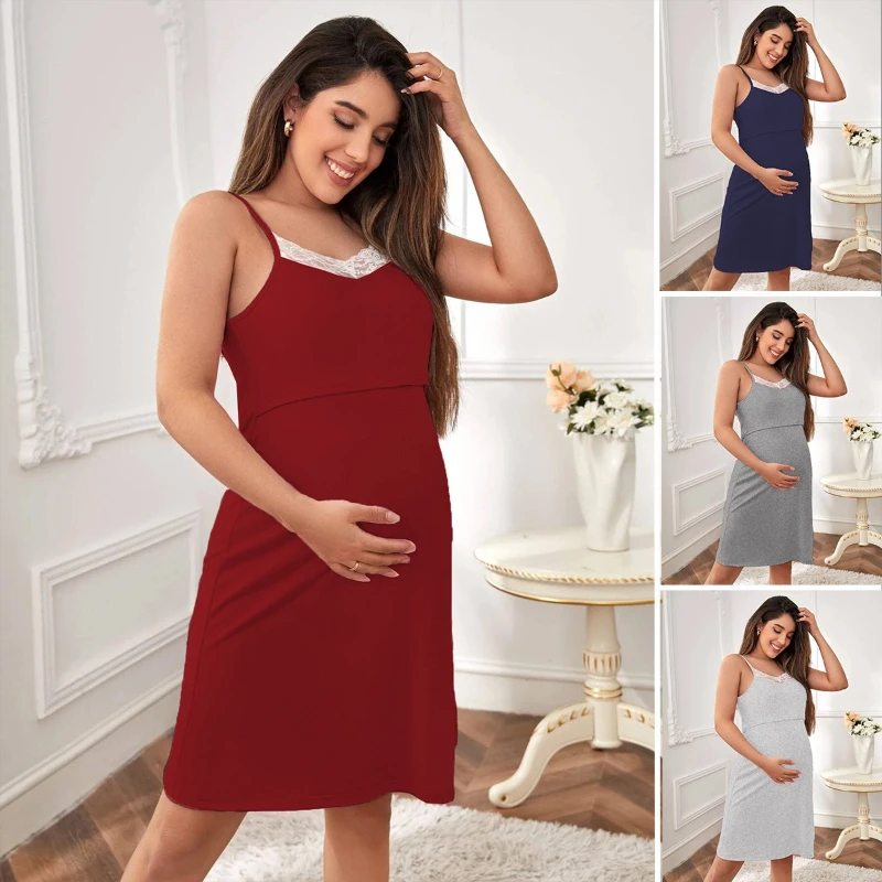 

Summer New Sexy Nightgown with Suspender Lace V-neck Dress Home Nursing Clothes Pregnant Women's Suspender Dress