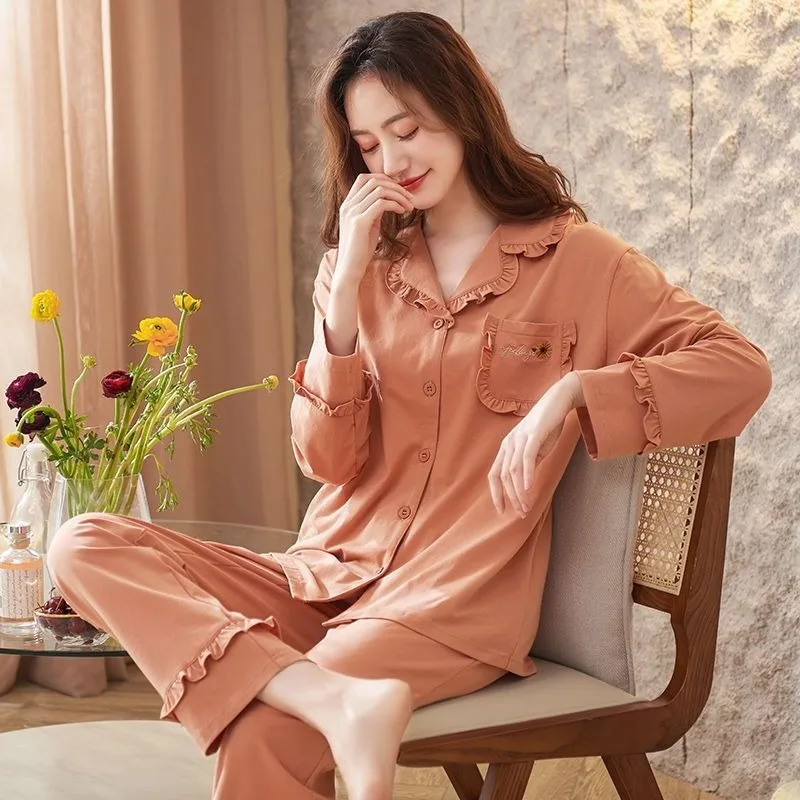 2024 Fahion Pajamas Set Women Spring Autumn Pure Cotton Long Sleeved Loungewear Suit Girls New Cardigan Home Clothing Outfit