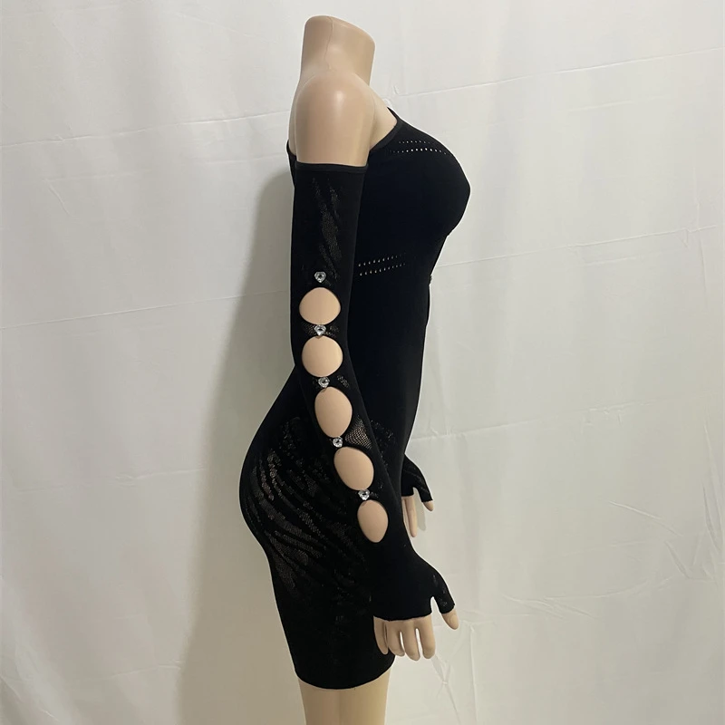 المرأة محبوك الجوف خارج الماس Bodycon السروال القصير ، مائل الكتف ، كم طويل ، عالية الخصر ، نحيل Playsuit ، نادي ملابس الحفلات ، الخريف