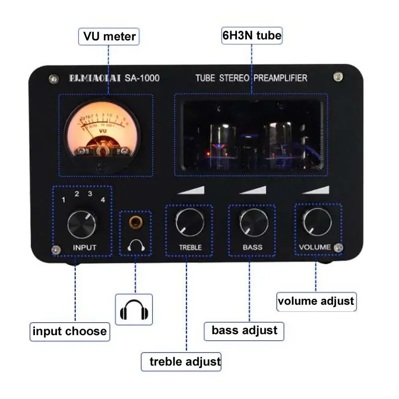 

SA1000 HiFi Lossless Switching Audio Selector 4 in 2 out 6H3N Tube Headphone Power Amplifier With VU Meter Power Supply