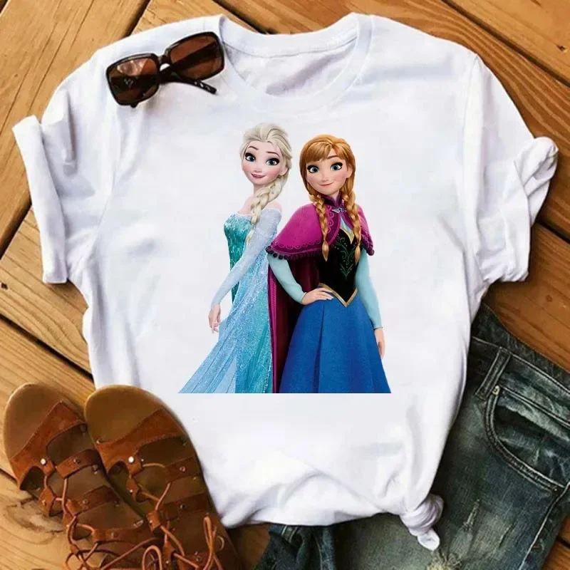 Kaus gambar kartun putri Frozen kaus Harajuku bergambar Elsa Lucu kaus Wanita Atasan Hip Hop wanita