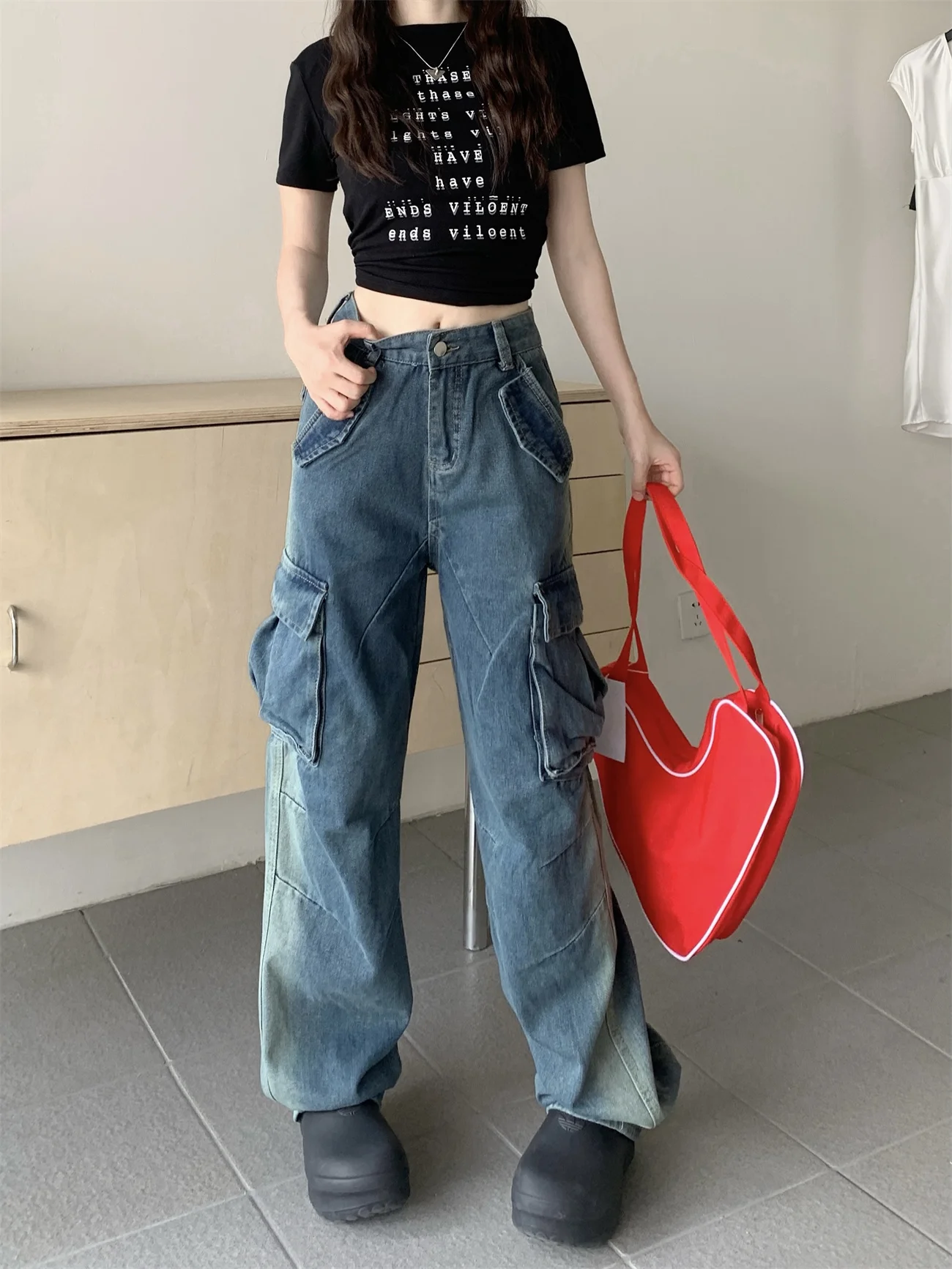 American Street Persönlichkeit Cargo hose Frauen trend ige coole All-Match neue Jeans für Frauen