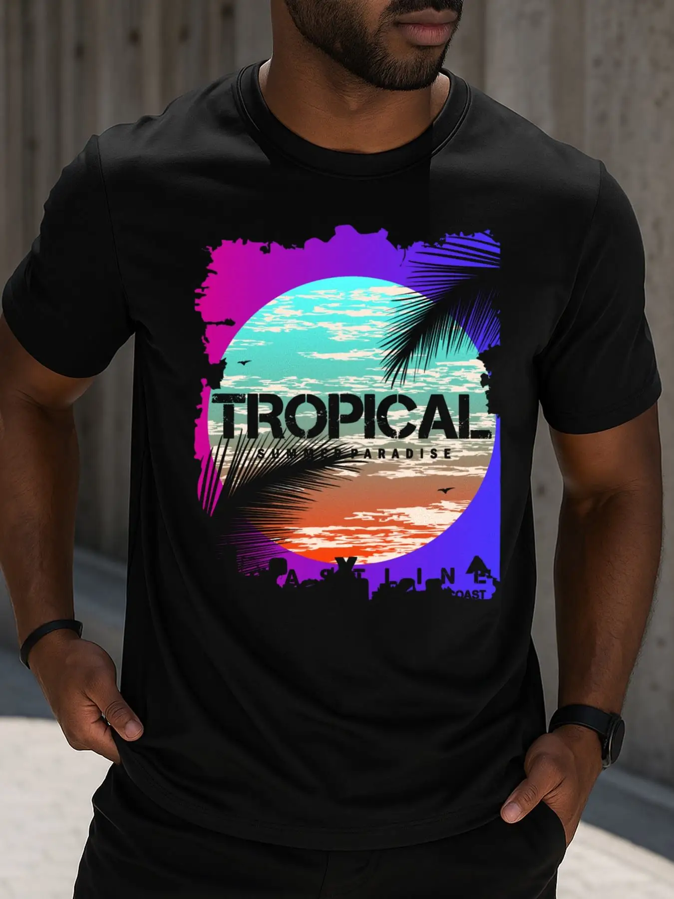 Men's Fun Tropical Paradise Graphic T-Shirt - 1-Pack, Casual Fitness T-Shirt, Tropical Beach Design, Palm Tree and Surfboard Print, Short-Sleeve Crew Neck Sportswear, Suitable for Vacation and Casual Wear - Humorous 