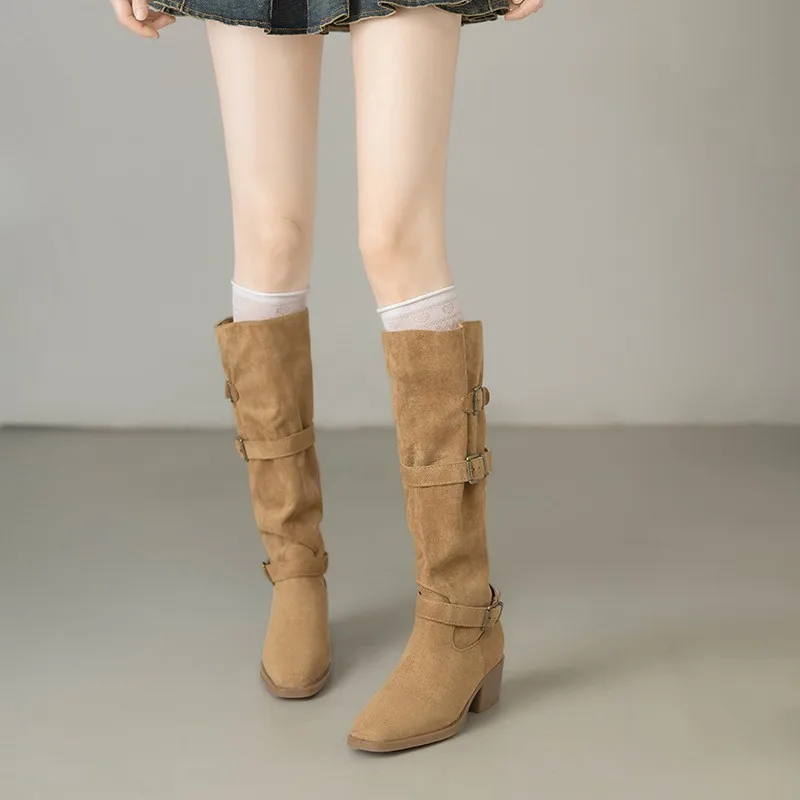 

Винтажные сапоги с напуском, ковбойские сапоги в стиле вестерн, осень-зима 2021, новые высокие сапоги, длинные сапоги маленького роста интернет-знаменитостей