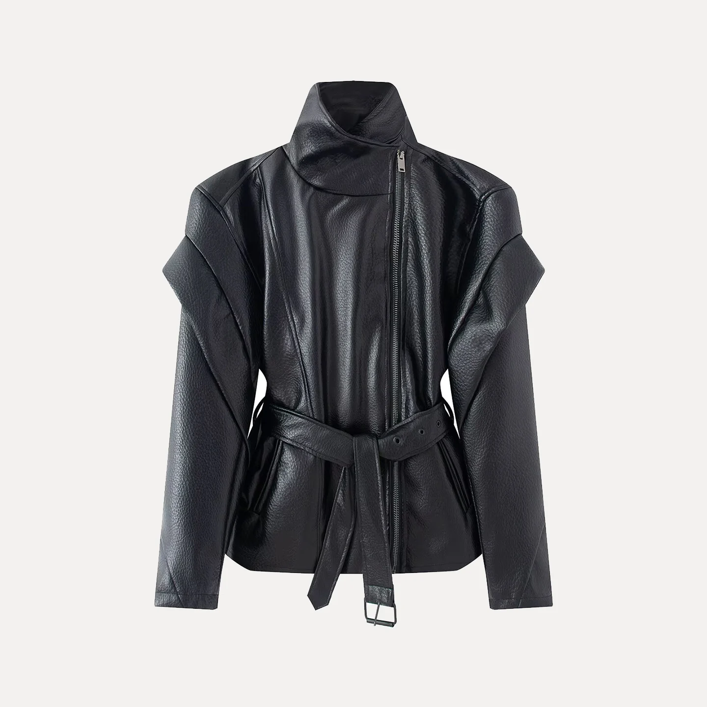 Elegant High Collar Side Zipper Slimming Waist Jacket Fashionable Long Sleeve Leather Coat for Women New 2026 Summer Design