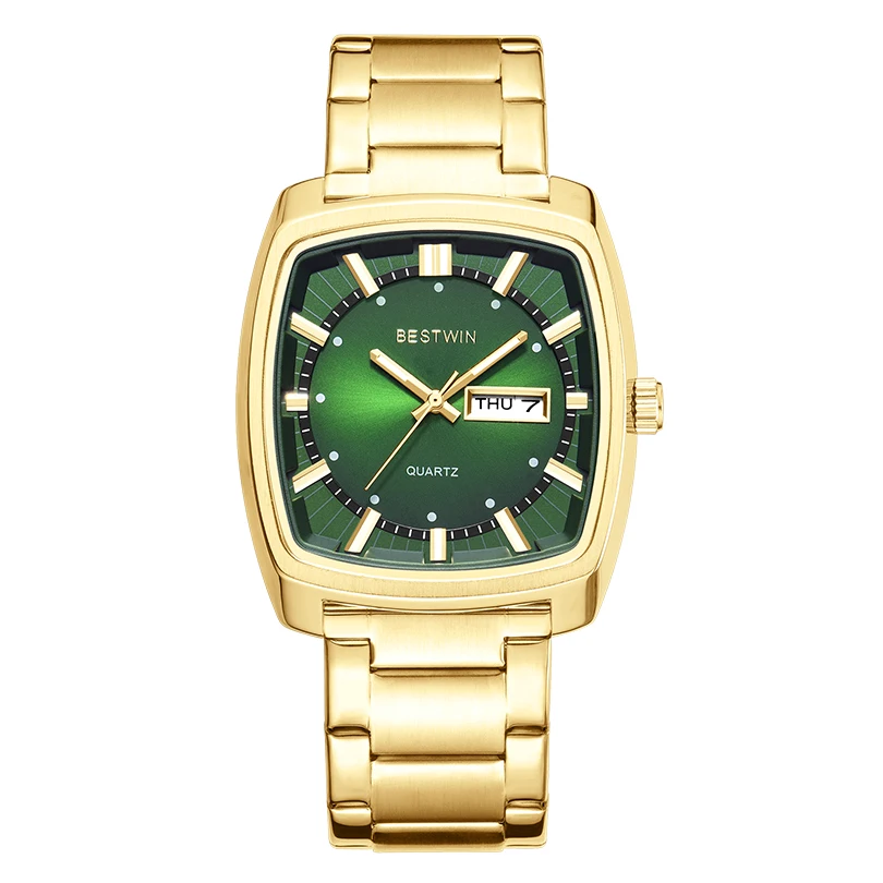 Luxury Men Watch Square Blue Green Dial Men\'s Quartz Wristwatch Gold Black Sliver Calendar Male Reloj Stainless Steel Man Clock