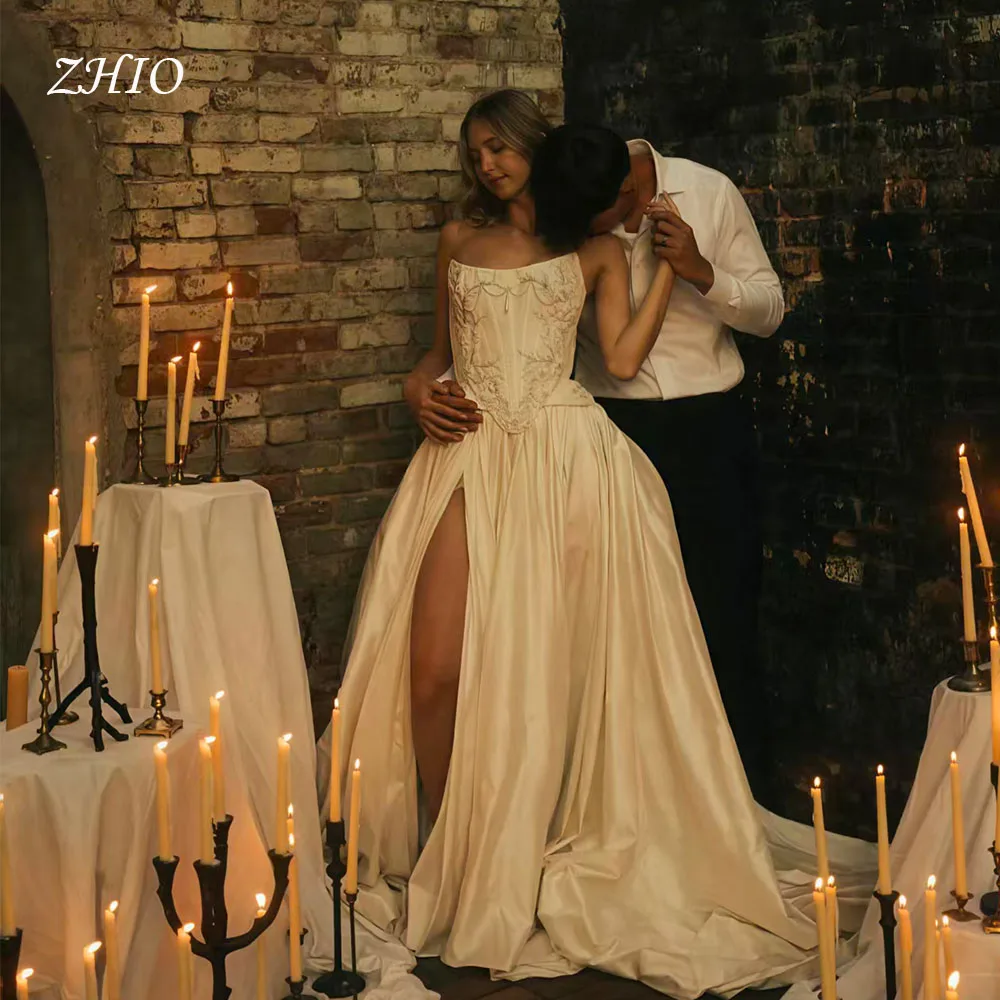 ZHIO Luxus Perlen Brautkleid Trägerlos Applikationen Korsett Drapiert Sweep Zug Elfenbein Taft Brautkleid Vintage Robe De Mariée