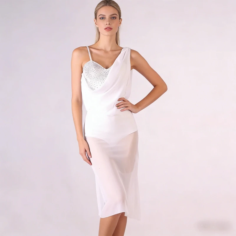 Latin American Dance Dresses Dancewear Performance Stage Competition Waltz Cha Cha Samba Tango Chiffon Rhinestones Woman Match