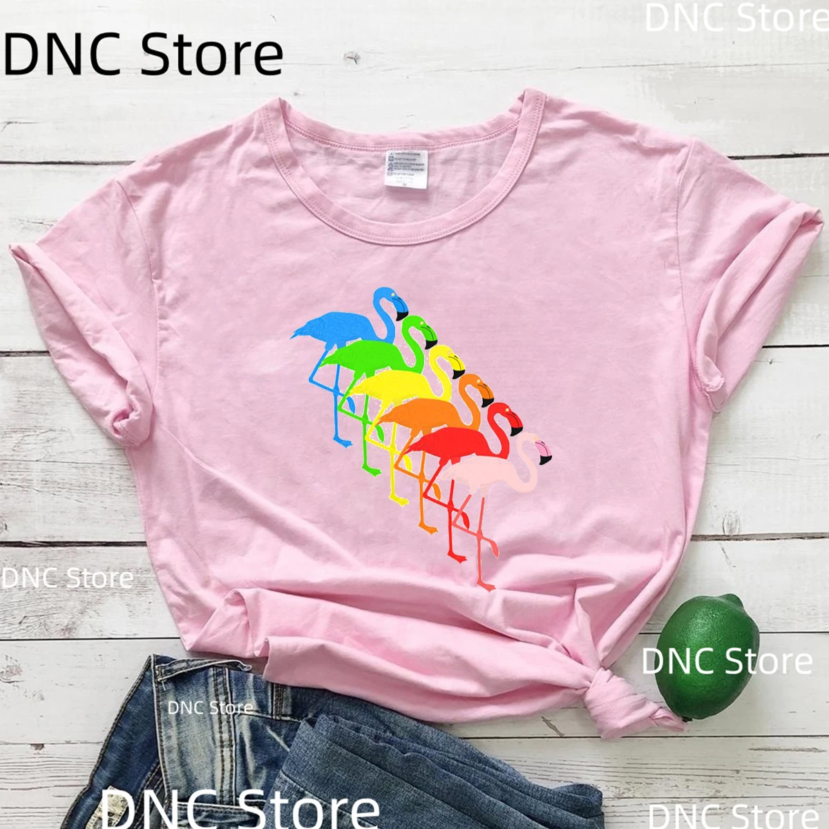 الوردي فلامنغو المائية قميص هاواي المرأة تي شيرت ، مجموعة قميص طيور النحام ، فلامنغو المطبوعة الإناث الصيف Harajuku التي شيرت