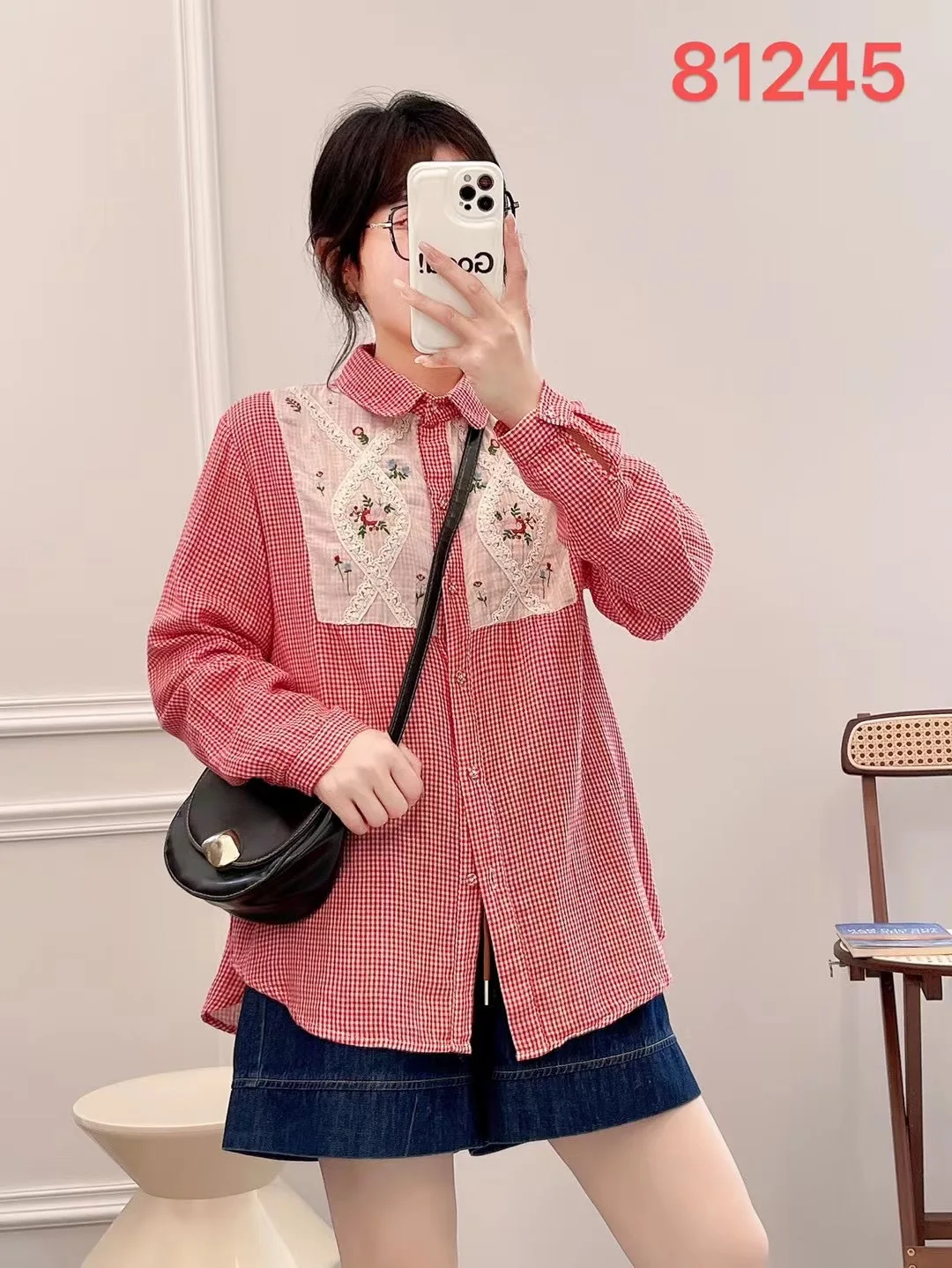 New Spring Cotton Floral Embroidery Shirts Women Single Breasted Long Sleeve Tops Girl Plaid Loose Blouses 2024 Summer T44190QM