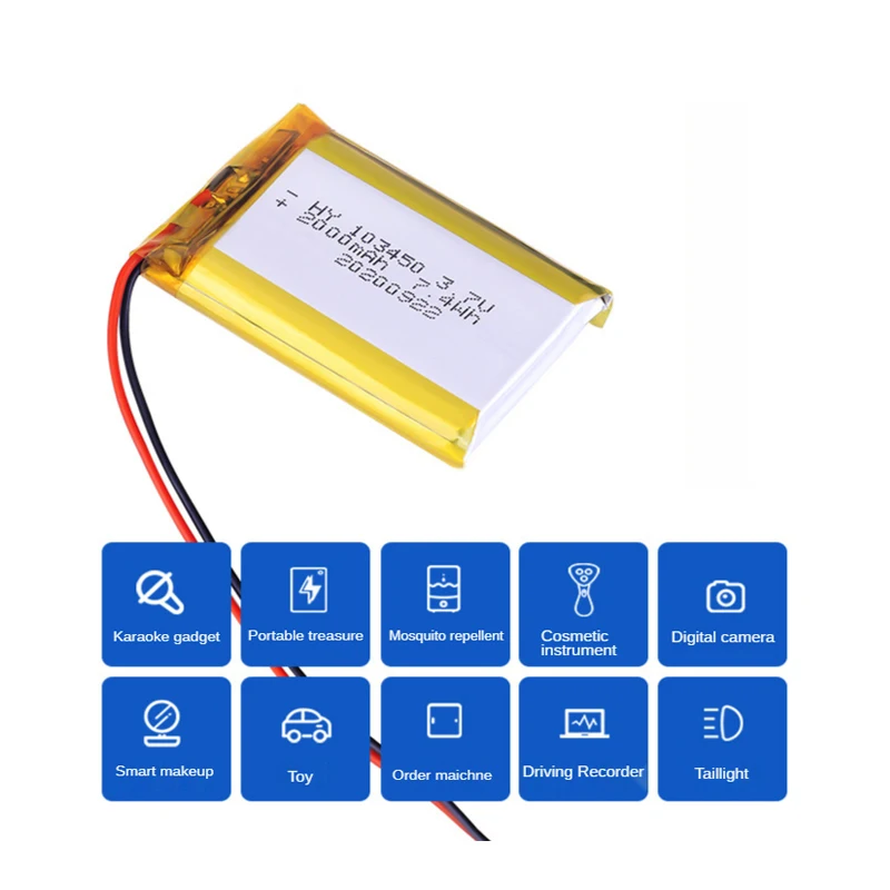 100% Real capacity103450 3.7V 2000mAh Polymer Lithium Rechargeable Battery for Camera Bluetooth Speaker PH 2.0mm 2pin plug