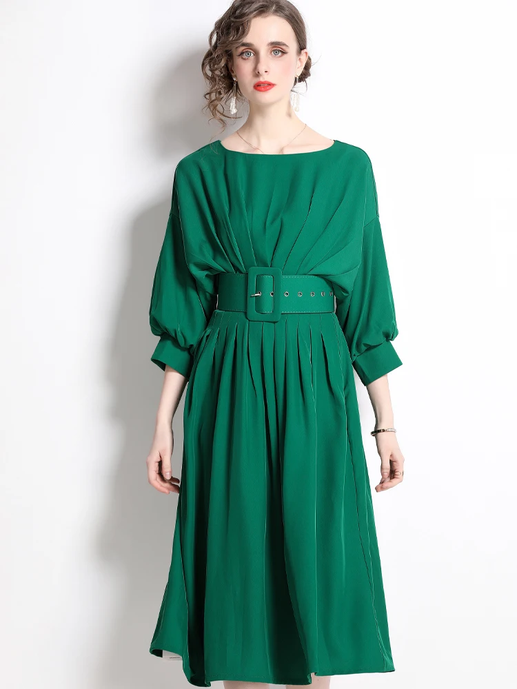 

Elegant Batwing Sleeve Solid Midi Dresses for Women Spring Runway Designer Fashion Cocktail Party Vestidos Red Green Robe Femme