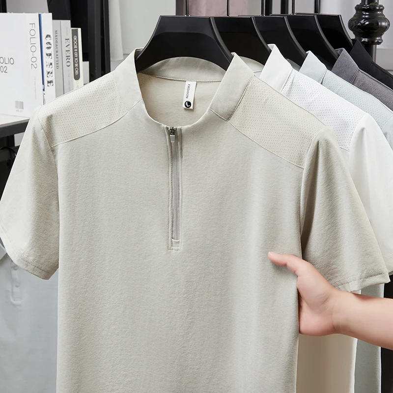 Herren Kurzarm-Poloshirts mit Halbem Reißverschluss und Stehkragen Lässige Sommer-Oberteile Leichte Atmungsaktive Hemden für Männer – Detail 10