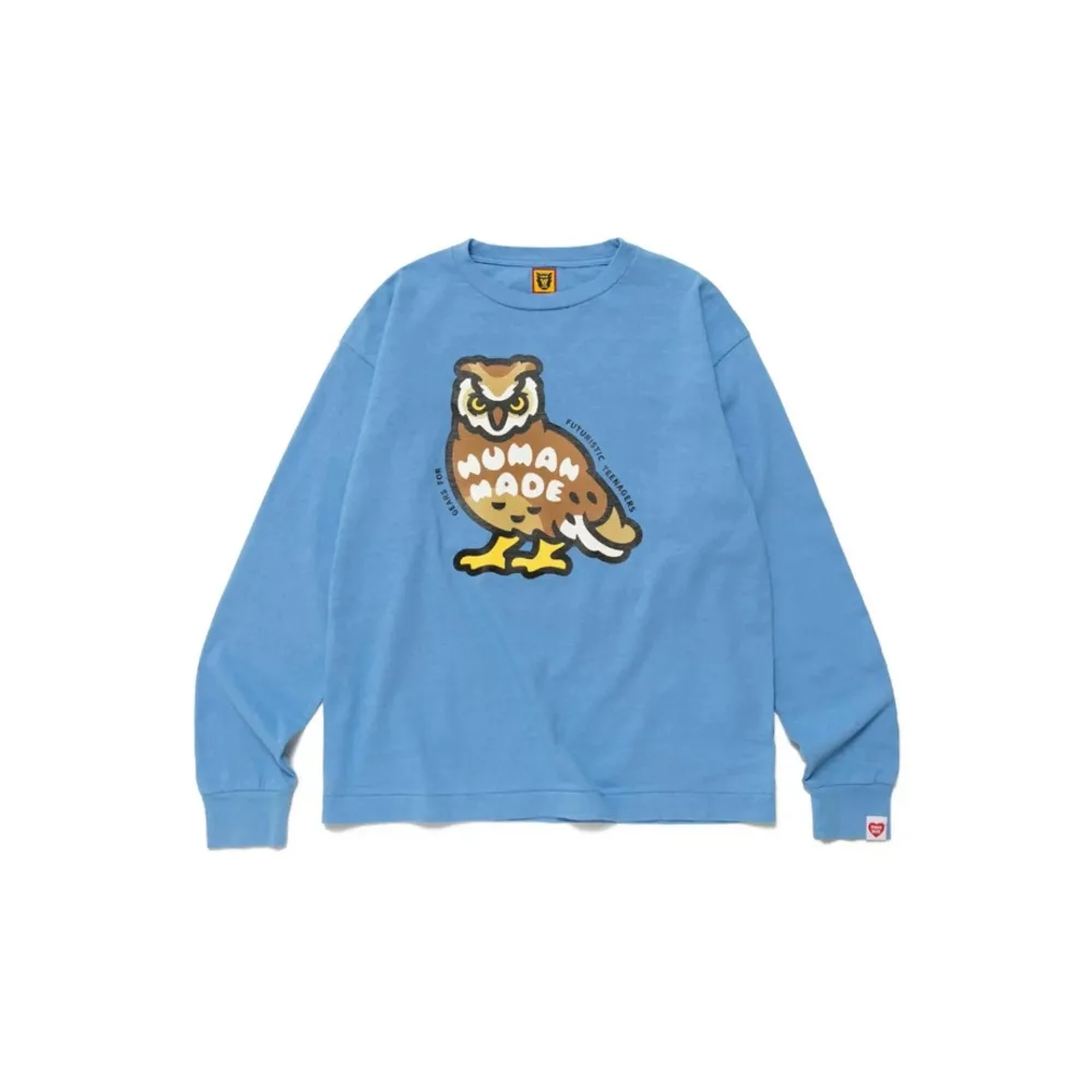 Humanmade cartoon owl long sleeved T-shirt, creative and fun, loose fitting for men and women, round neck base shirt