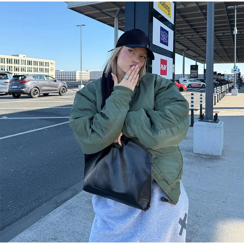 

Warm Zipper Lapel Cotton Coats Women's Oversize Full Sleeve Pockets Padded Bomber Jackets 2025 Winter New Lady Outwear