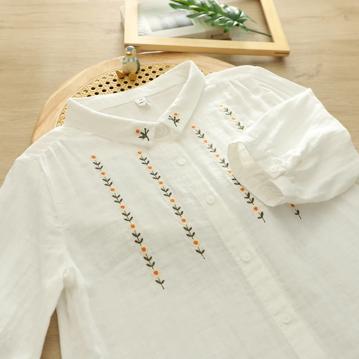 New 2025 Summer Cotton Yarn Half Sleeve Shirt, Women Turn-down Collar Embroidery, Mori Girl Retro Casual Loose Blouse T55843CC