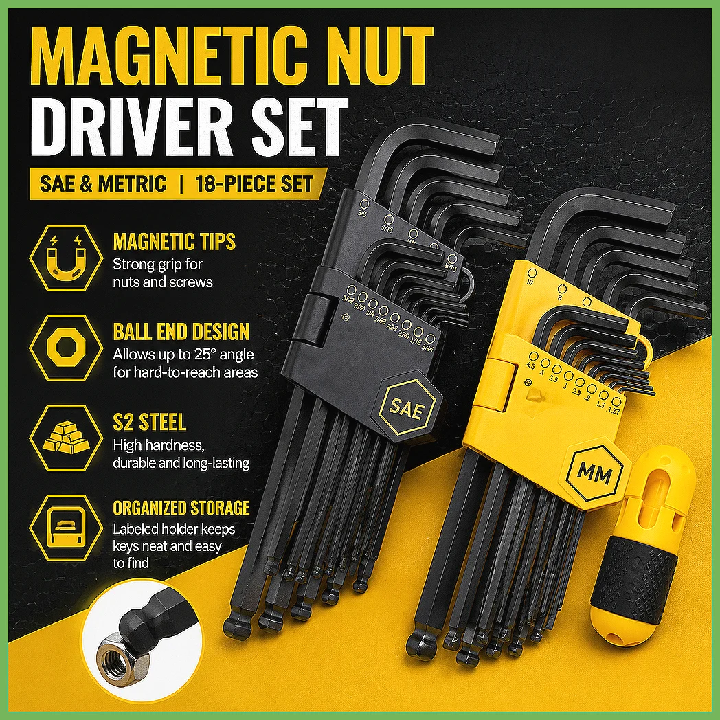 27PCS Hex Key Allen Wrench Set MM SAE Ball End Long Short Arm Grip Handle Metric 1.27-10mm SAE 3/64-3/8 Storage Case