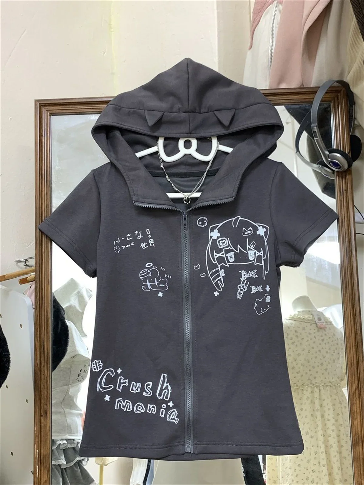 Japanese Kawaii Thin Short Sleeve T-Shirts Women Design Casual Slim Hooded Tops Female Summer Sweet New Zipper Lovely Outfits