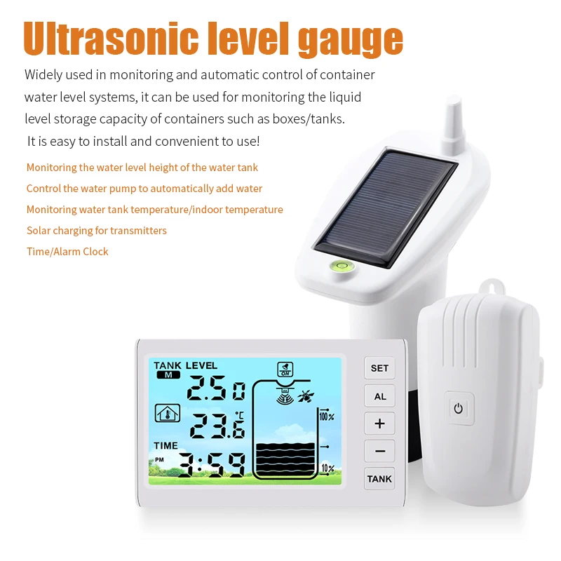 Digital Ultrasonic Level Gauge Water Liquid Tank Depth Temperature Monitor Solar Powered Container Control Alarm Clock -40℃~60℃