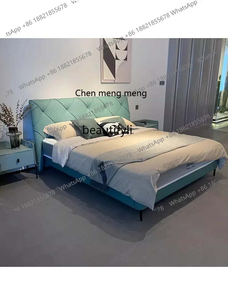Leather Bed Double Marriage  Master Bedroom Small Apartment Simple Italian Imported First Layer Cowhide Villa Designer Model