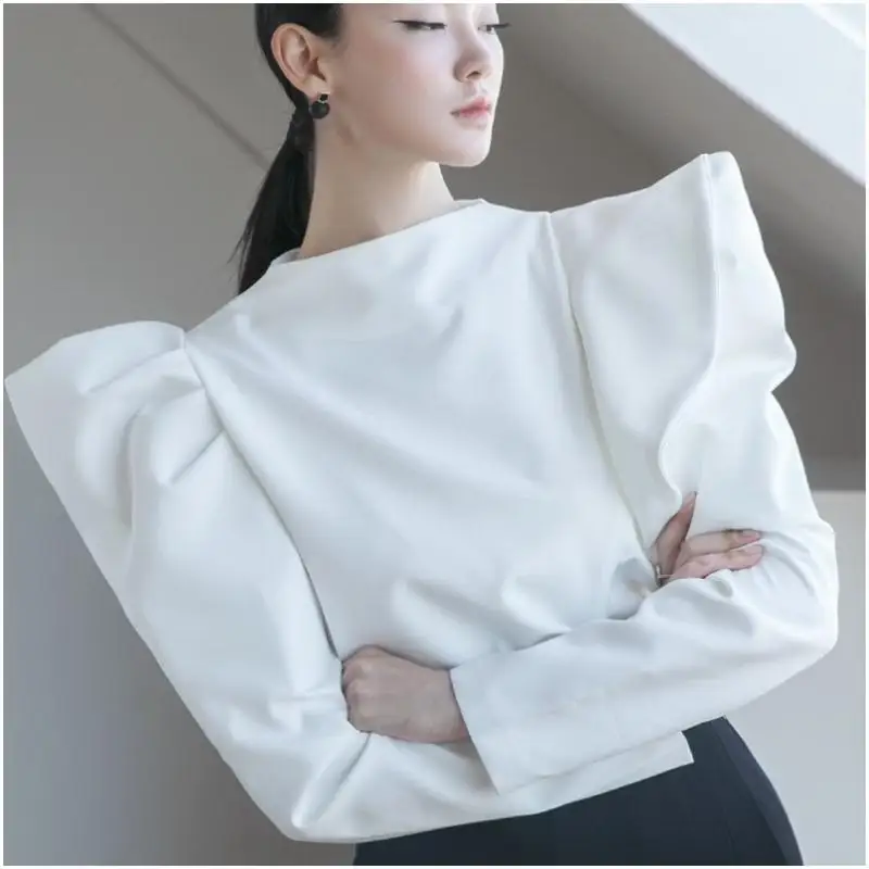 2023 T-shirt Long sleeved ruffled high collar solid color top with back cardigan zipper  womens tops and blouses