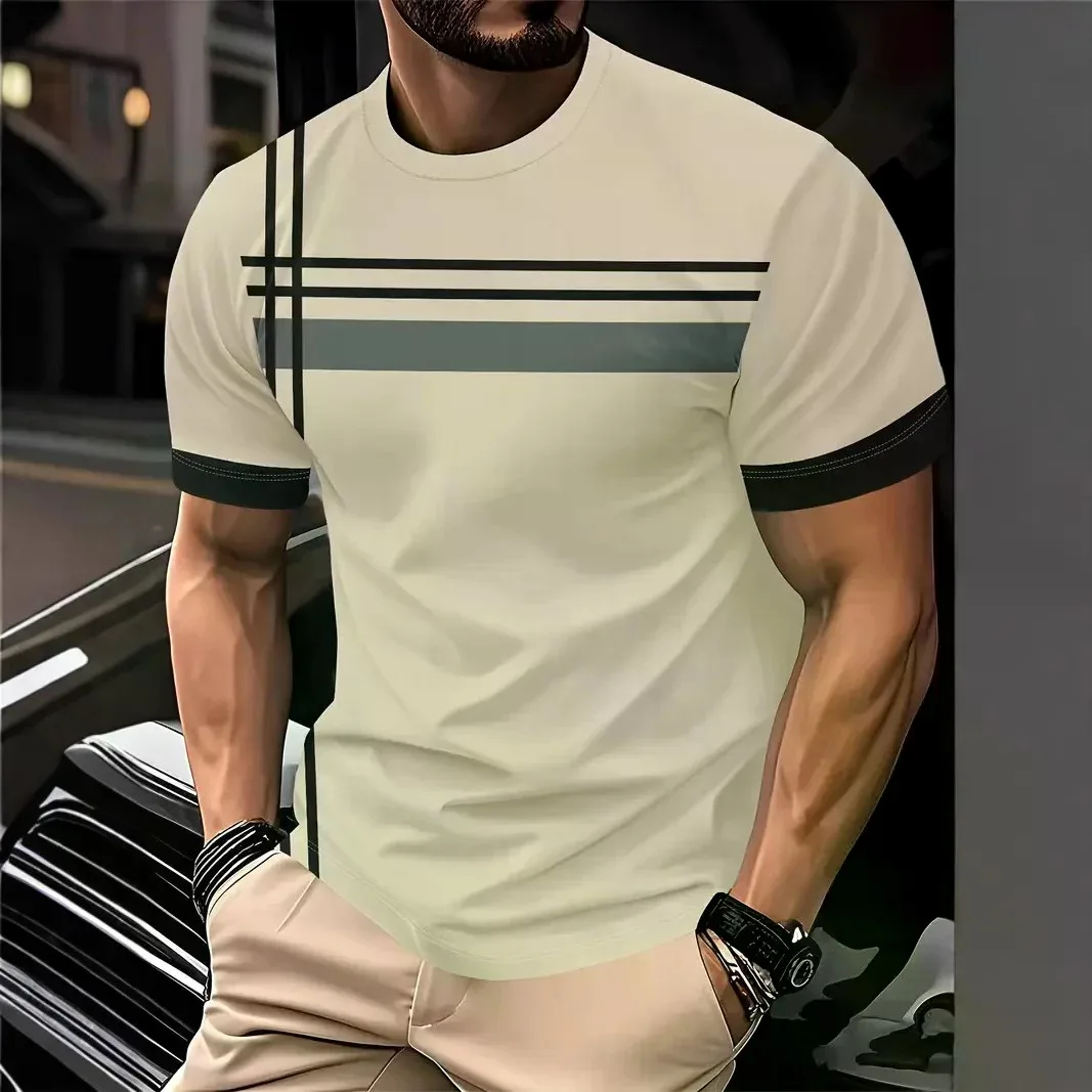 Men's Fashion New 3D Stripe Printed T-shirt Micro Elastic Breathable Short Sleeve Outdoor Sports Top