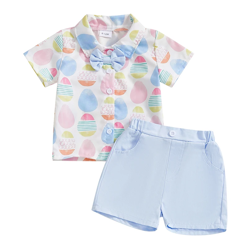 Toddler Boy Easter Shorts Set Egg Print Short Sleeve Button-up Bow Tie Shirt Elastic Waistband Shorts