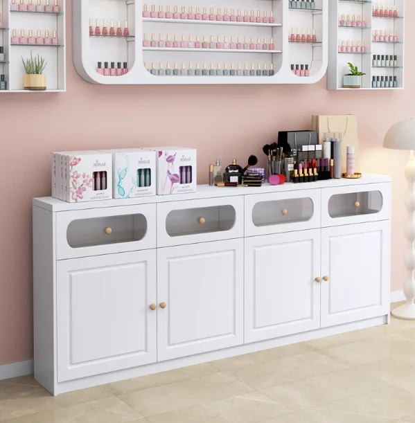 Modern White Wood Portable Multi-Sized Nail Display Cabinet with Multiple Storage Spaces for Nail Salon Supermarket Mall Use