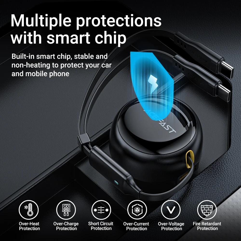 ACEFAST 2-in-1 53W Fast Charging Phone Charger in Car For iPhone 16/15 /14 Type C Retractable Cables Quick Charing For Samsung