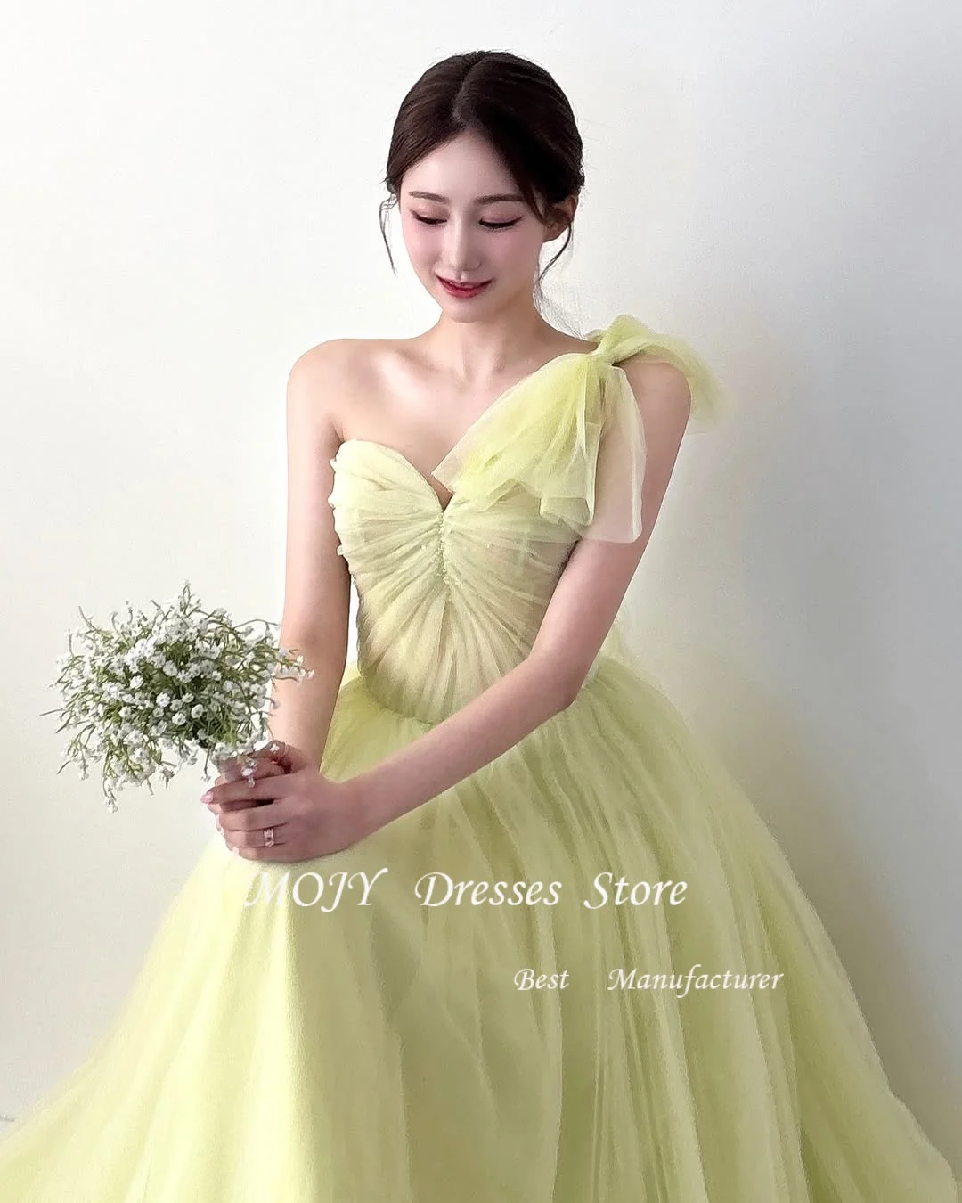 Mojy Green Fairy Sweetheart Pleat Strapless Party Gown Customized Women Wedding Party Dresses Korea Wedding Dress Photo Shoot
