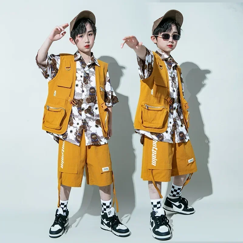 Kid Hip Hop Clothing Ginger Yellow Sleeveless Jacket Vest Casual Strap Cargo Pants Shorts for Girls Boys Dance Costume Clothes