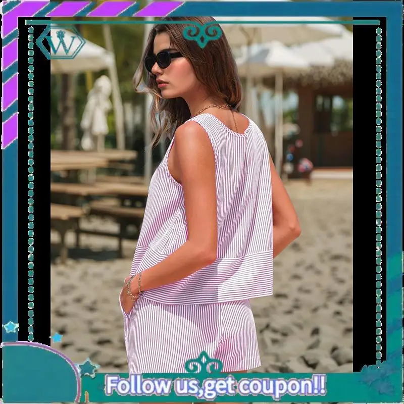 A09P Damskie letnie komplety dwuczęściowe: bezrękawnik i dopasowane szorty, bawełniane zestawy w paski