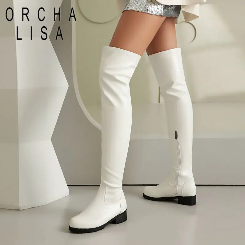 ORCHA LISA أحذية أنيقة جديدة تصميم الجانب سستة تمديد حجم الخريف قوارب النساء الفخذ أحذية عالية جولة تو كتلة كعب عادية