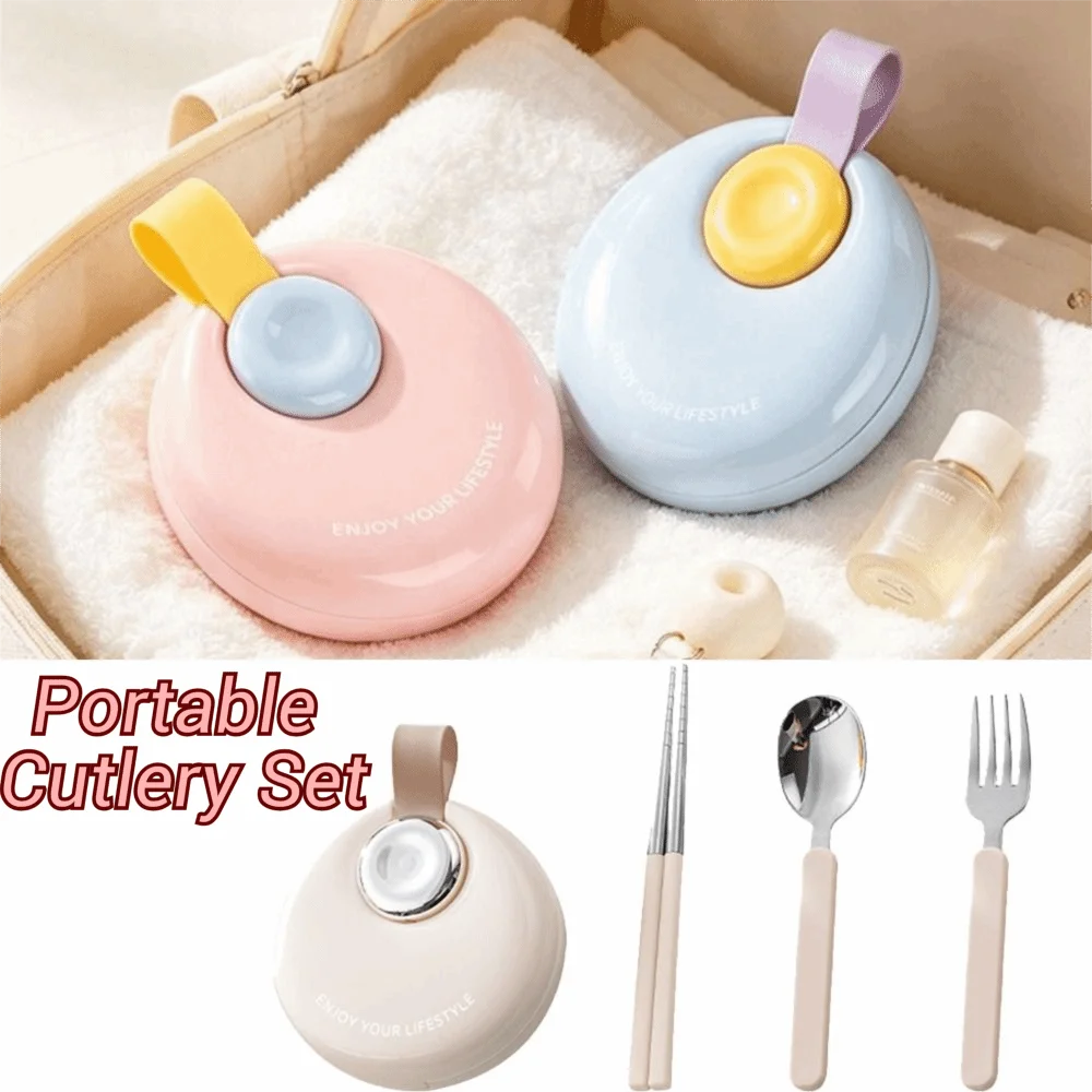 Round Case Portable Cutlery Set Reusable Foldable Travel Utensils Set Rust-proof with Handle Fork Spoon Chopsticks Set Home