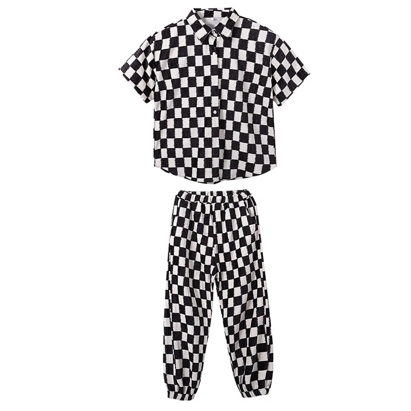 Ensemble de vêtements Hip Hop pour enfants, chemise à carreaux noire, haut à manches courtes, streetwear, pantalon de jogging baggy, costume de danse pour fille et garçon